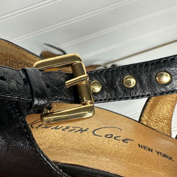 Kenneth Cole NY genuine leather‎ black strappy heels studs buckle gold - Picture 9 of 10